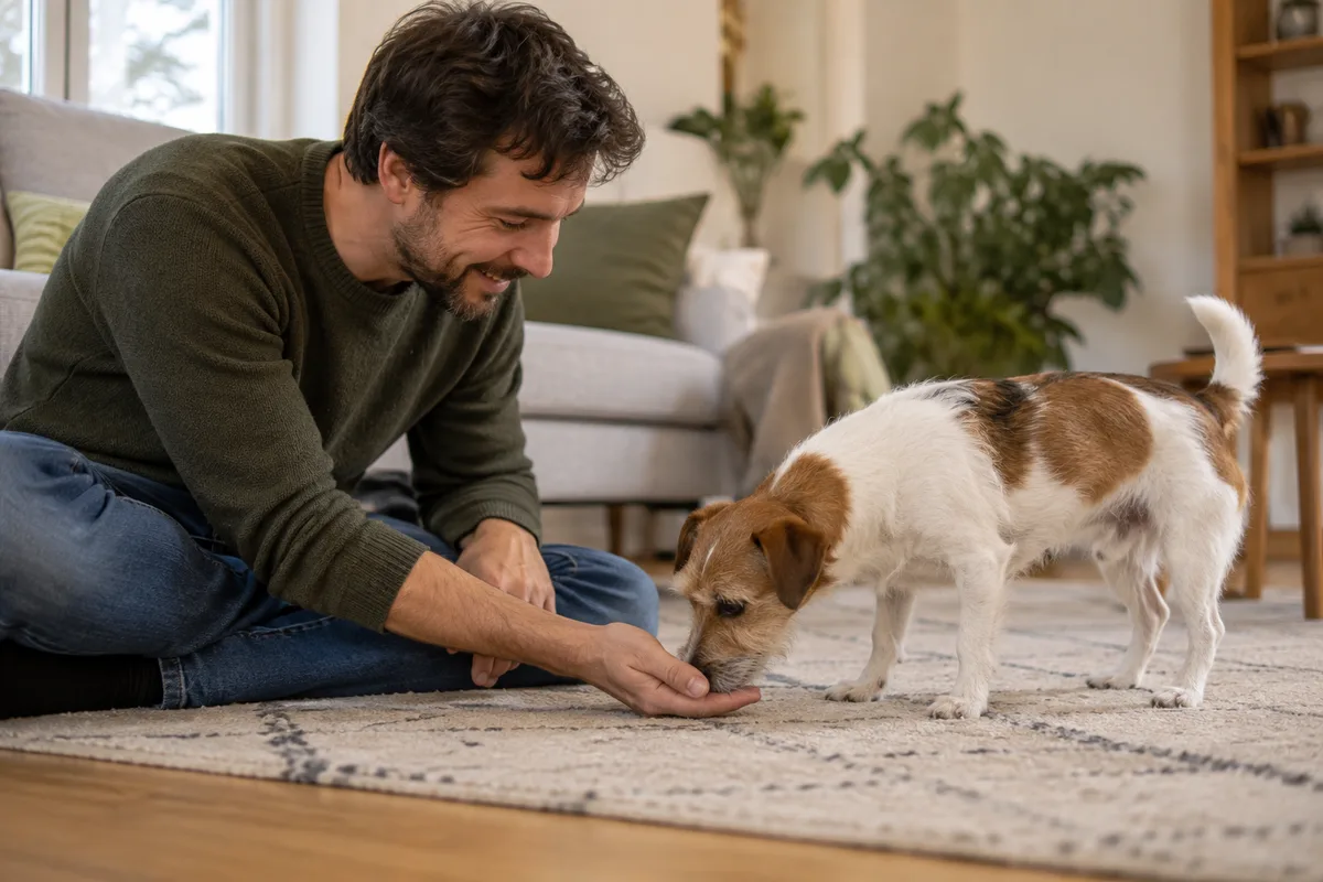 Ein Mann spielt mit einem kleinen Terrier auf dem Wohnzimmerteppich.