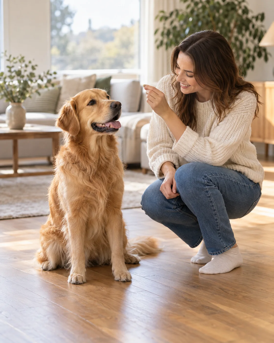 Eine Frau übt zu Hause mit einem entspannten Golden Retriever.